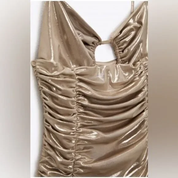 NWT Zara Metallic Gold Ruched Liquid Bodysuit with Cutout Medium 7818/384/303 - Picture 5 of 13